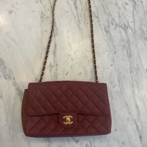 Authentic CHANEL burgundy Quilted Shoulder Bag with Gold Chain